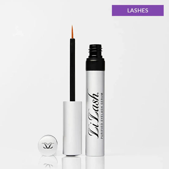 Close-up of LiLash Purified Eyelash Serum showing precise brush applicator for easy lash application
