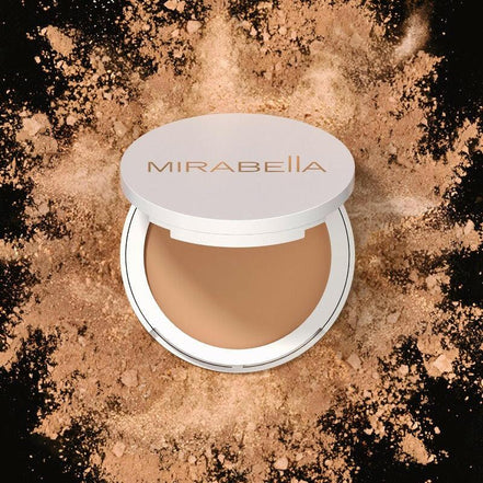 Close-up of Mirabella Invincible For All Pure Powder Foundation showing fine, blendable texture

