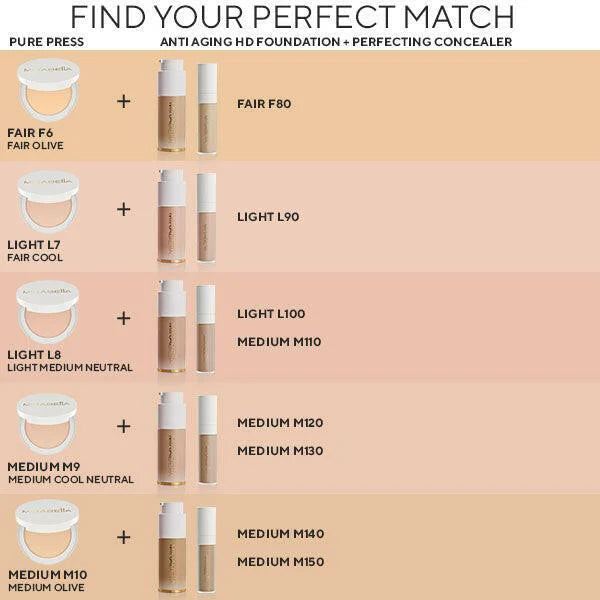 Set of Mirabella Invincible For All Pure Powder Foundations showing shade range for versatile skin coverage
