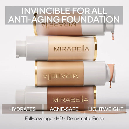 Close-up of Mirabella Invincible For All Foundation showing creamy texture for even application

