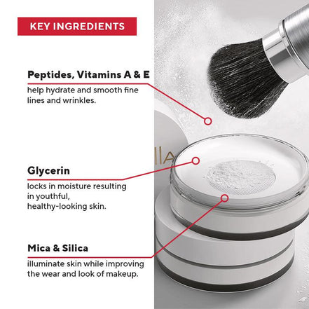 Close-up of Mirabella Perfecting Powder showing finely milled, blendable texture
