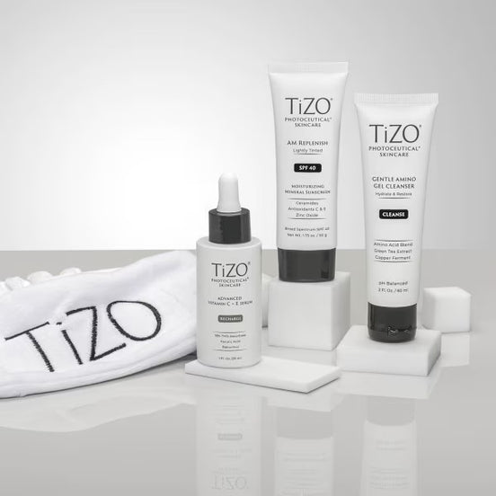 TiZO Refresh+Recharge Gift Set displaying all included products for complete skincare routine
