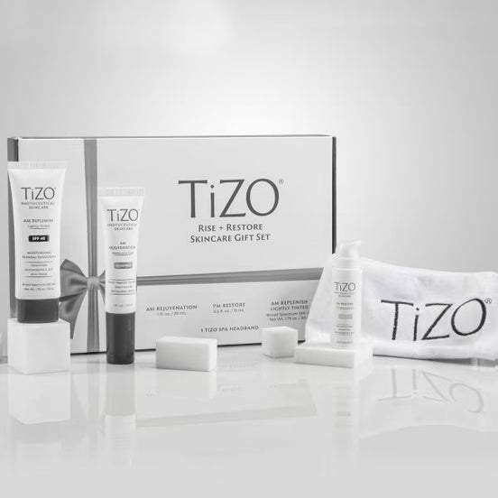 TiZO Rise+Restore Skincare Gift Set featuring essential morning and evening skincare products
