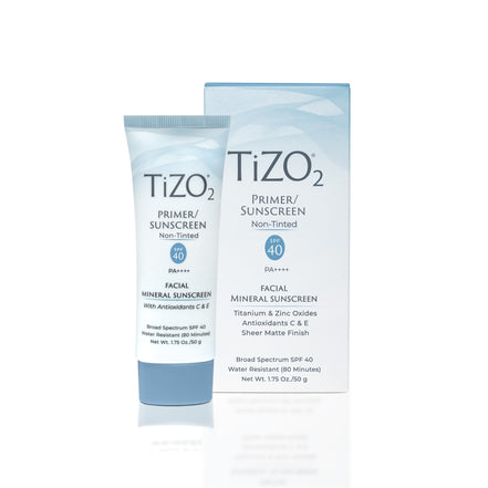 TiZO2 Facial Primer Non-Tinted packaging highlighting makeup prep and skin-smoothing benefits
