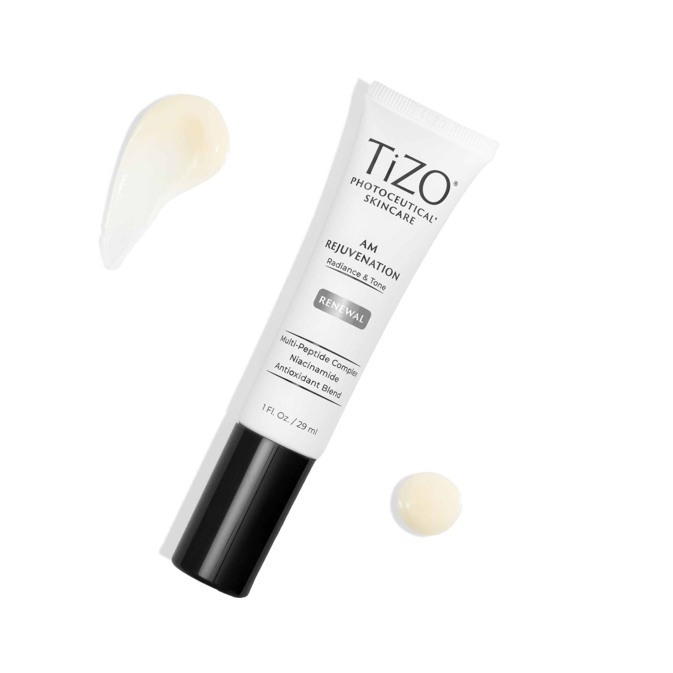 Close-up of TiZO AM Rejuvenation cream showing smooth, lightweight texture for easy application
