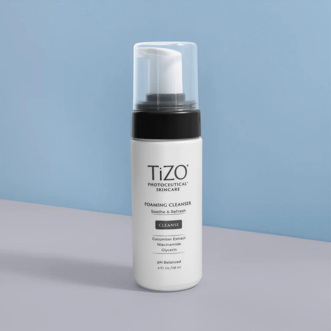 TiZO Foaming Cleanser packaging highlighting gentle, hydrating, and purifying formula

