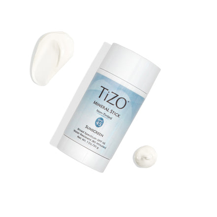 Close-up of TiZO Mineral Stick Non-Tinted SPF 45 showing smooth, non-tinted mineral formula
