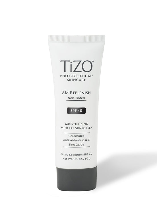 TiZO AM Replenish Non-Tinted SPF 40 in tube packaging for easy morning skincare application
