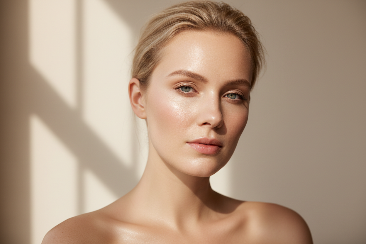 blonde model for skincare ad, hero banner for website, no inscription - no labels