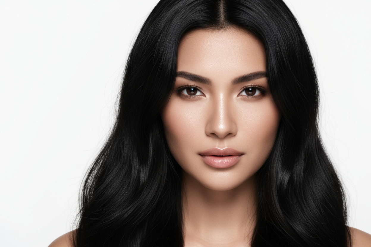 Exotic female, 27 years old, long, shiny black hair, dark, brown eyes,radiant skin, for medical grade skincare ad, no logos, no branding