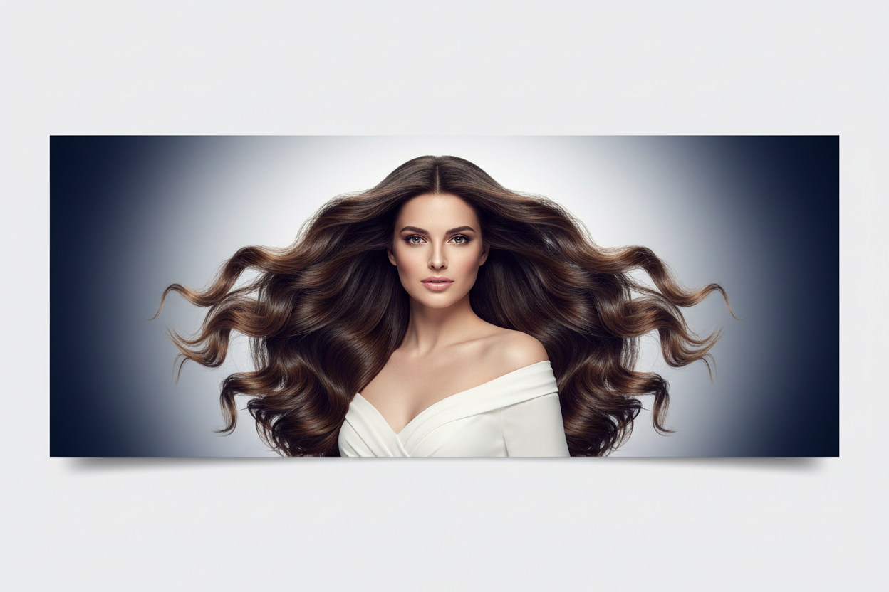 Hero banner ad. Hair products model. Color scheme, navy, white, light pale gray. Simple. No inscription, model face in the center of the image 