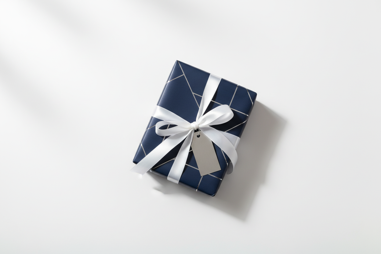 Hero image for website, gift, simple, combination of navy, white, and a hint of silver, not too feminine