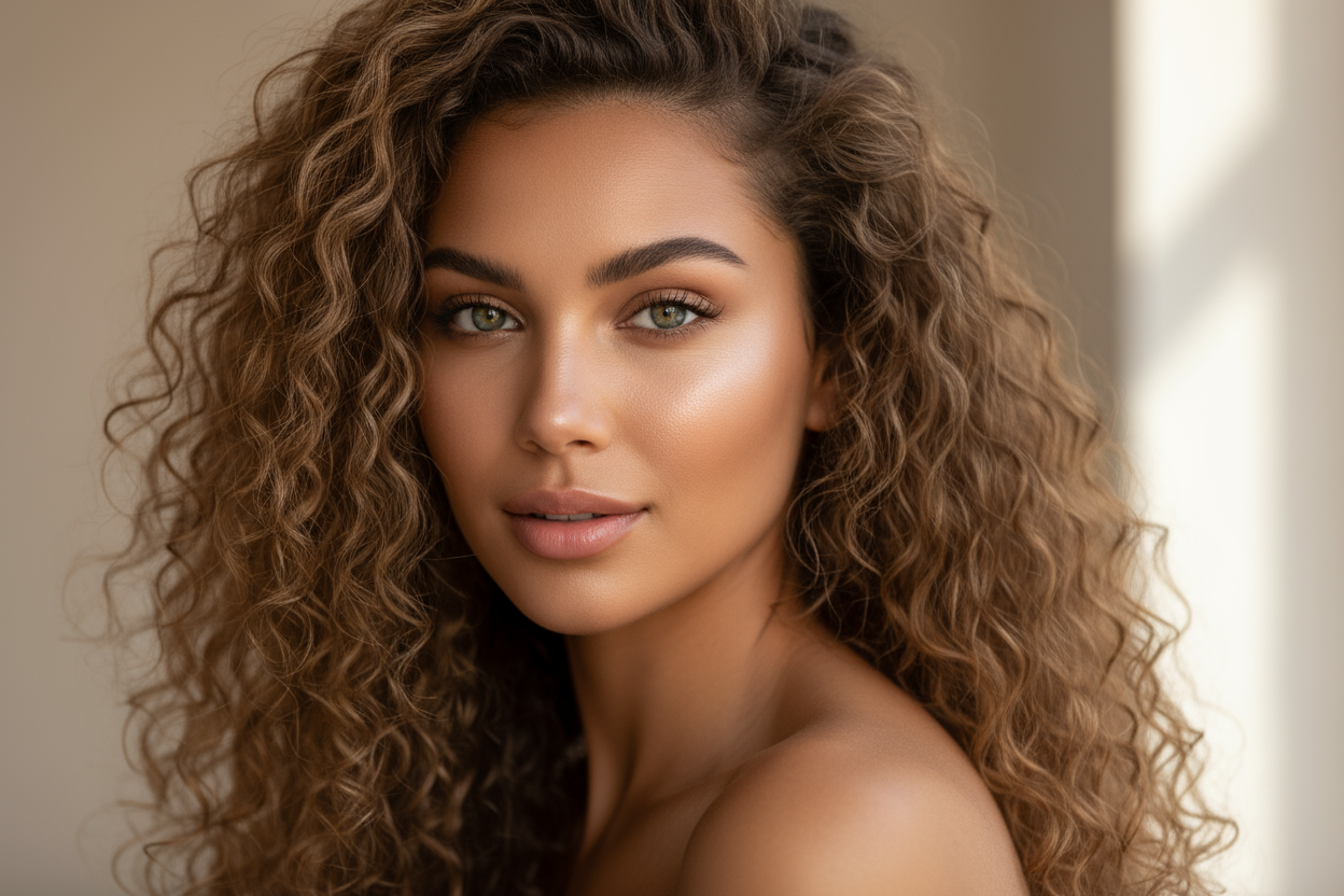 Light brown hair and green eyes