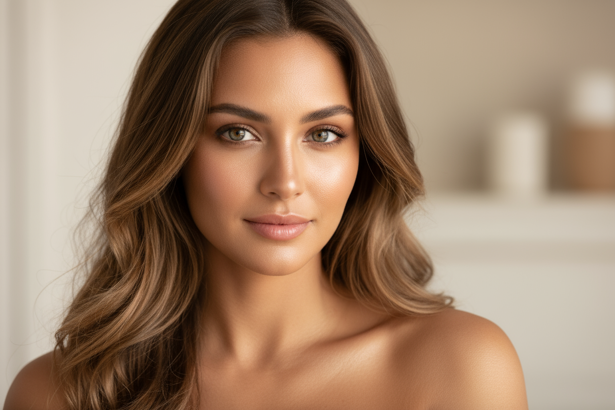 Most exotic, Mediterranean woman, golden bronze skin, hazel green eyes, light, brown hair, radiant skin, for medical grade skin care advertisement, no logos and no branding